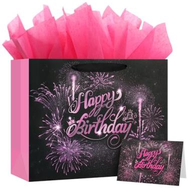 Imagem de BeiLaad Saco de presente de aniversário rosa com papel de seda e cartão comemorativo, sacos de presente de feliz aniversário de 32 cm para festa, design de fogos de artifício, sacos de embrulho para