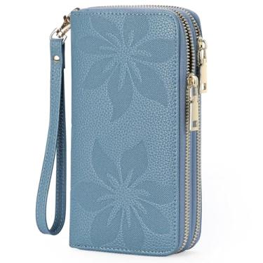 Imagem de Carteira feminina de grande capacidade, zíper duplo com bloqueio de RFID, com suporte para cartão e telefone, couro., A16 Azul, Carteiras