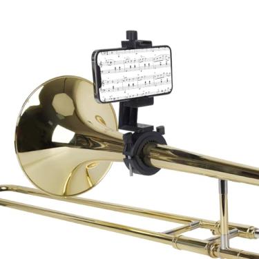 Imagem de Lira de trombone ajustável, suporte universal para smartphone para trombone e melofone, serve para instrumentos de latão baixo de 3,8 cm a 6,3 cm, clipe durável e seguro