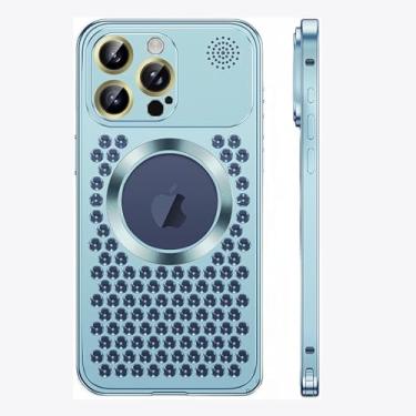 Imagem de HUHUCASE Adequada para capa de telefone iPhone, capa de aromaterapia, lente de malha de metal, etiqueta magnética de orvalho capa protetora com fivela de mola (azul, iPhone 15Pro)