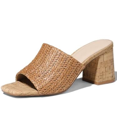 Imagem de Ancomafio Sandálias de salto para mulheres, sandálias ráfia 2025 salto grosso bico quadrado bloco mules sapatos de verão sem cadarço, Ráfia de cortiça, 37