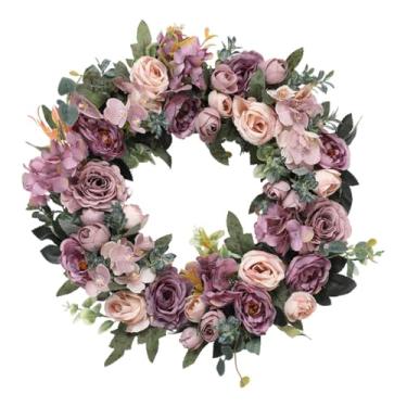 Imagem de CarpNettore Guirlanda de Flores Artificiais Redondas de Peônias Rosa, Feita de Seda E Polipropileno (PP), Ideal para Decoração de Parede, Porta de Entrada, Sala D, Roxo