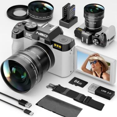 Imagem de NBD Câmeras digitais 8K para fotografia, câmera fotográfica de 64 MP, câmeras de vlogging de viagem para YouTube com tela flip de 180°, zoom digital de 16x, lente macro de 52 mm, 2 baterias, cartão TF
