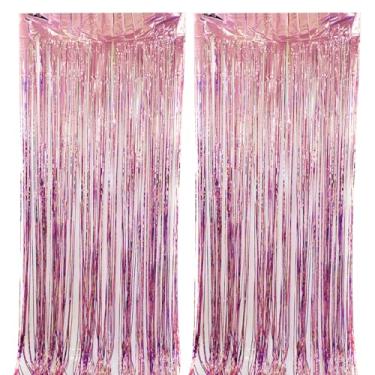 Imagem de Pano de fundo de festa de cortina de tinsel rosa, pacote com 2 serpentinas brilhantes para comemorações de aniversário e festas do pijama