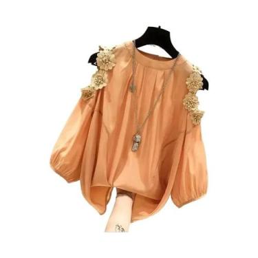 Imagem de Blusa Feminina Com Decoração 3D De Flor Amarela, Manga Raglan, Gola O,
