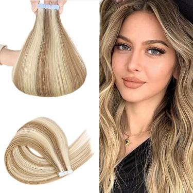Imagem de VADES Extensões de cabelo com fita adesiva de cabelo humano cor mista loiro acinzentado com fita loira extensões de cabelo humano real 50 cm extensões de trama de pele invisível sem costura 50 gramas