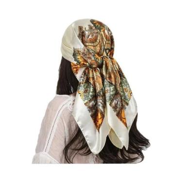 Imagem de Lenço De Seda Luxuoso Feminino 90x90cm Com Estampa De Caxemira, Xale D