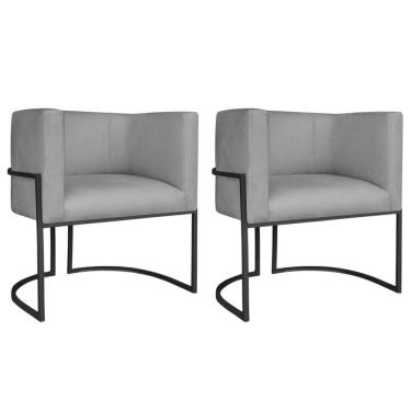 Imagem de Kit 02 Poltronas Decorativas Luna Base De Ferro Preto Bouclé Cinza