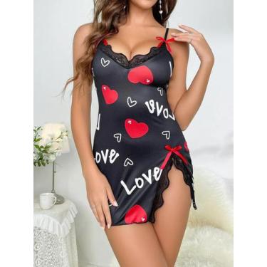 Imagem de Camisola Mini Sexy Feminina Com Estampa De Amor, Decote Halter E Costa