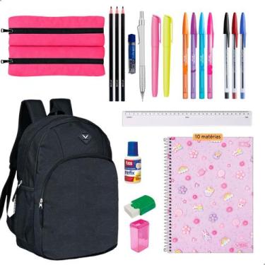 Imagem de Kit Material Escolar Feminino Mochila Yepp Caderno Tilibra 10 Matérias