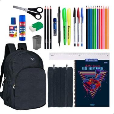 Imagem de Kit Material Escolar Mochila Caderno Estojo Completo - Preto - Darujo,