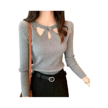 Imagem de Suéter Feminino Slim Fit Com Decote Redondo E Detalhes Vazados Em Cor 