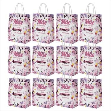 Imagem de Kit 12 Sacolas De Papel Com Alça Para Presente 15x21cm Dia Das Mães Pe