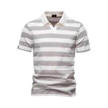 Imagem de Camisas Polo Masculinas De Verão Com Listras E Decote Em V De Algodão 