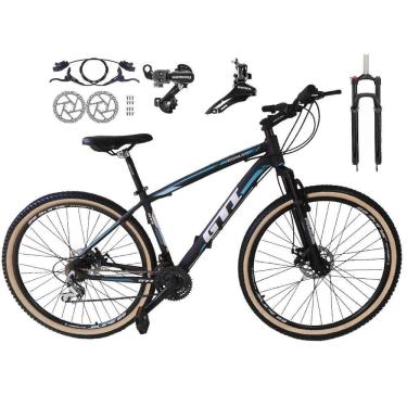 Imagem de Bicicleta Aro 29 Gti Roma 24v K7 Câmbios Shimano Freio Hidráulico Garfo com Trava com Pneu Faixa Bege - Preto\Azul