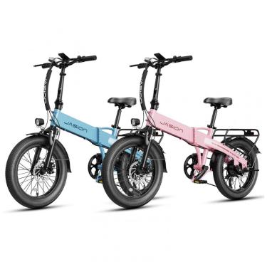 Imagem de Bicicleta Elétrica Dobrável Jasion EB6 Azul e Rosa 1000W Motor Brushless Bateria Embutida Removível 48V 375Wh Pneus 20" Fat Tire 7 Marchas