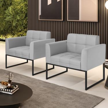 Imagem de Poltrona Sala Decorativa Kit 2 Elisa Couro Sintético Cinza Base Industrial Preta D'Rossi