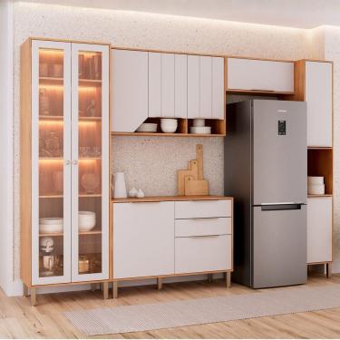 Imagem de Cozinha Modulada 5 Peças com 1 Cristaleira 1 Balcão 2 Armários Aéreos e 1 Torre Celeste Cinamomo/Off White