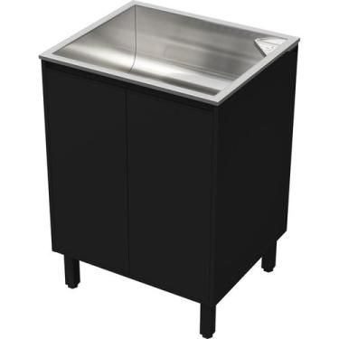 Imagem de Tanque de Lavar Roupa Inox 46 Litros com Gabinete MDF Preto Black 60cm