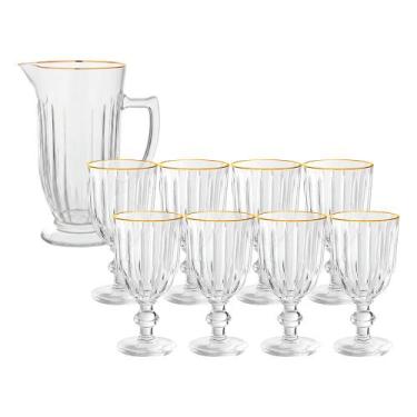 Imagem de Jogo de Taças com Jarra Borda Dourada 9 Peças 260ml 1L Vidro Transpare