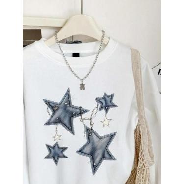 Imagem de Moletom Feminino Solto Com Gola Redonda, Estampa De Estrela Em Imitaçã