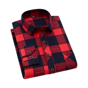 Imagem de Camisa De Flanela De Algodão Masculina Com Estampa Xadrez, Manga Longa