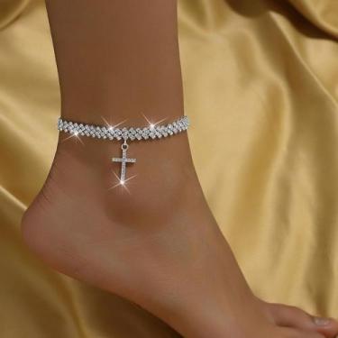 Imagem de Tornozeleira Crucifixo Cravejada em Zirconia Dupla Banhada a Prata - M