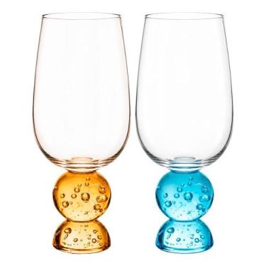 Imagem de Jogo 2 Taça Bubble Esfera Copo Base Âmbar e Azul Vidro para Drinks Águ