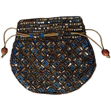 Imagem de Purpledip Bolsa Potli (bolsa com cordão): bordado de lantejoulas com fio dourado, Firozi Turquesa, 7X3