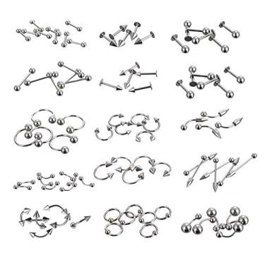 Imagem de Zwbfu 85 peças Conjunto de piercings de joias corporais de aço inoxidável ferradura de nariz língua labial sobrancelha trágus piercing de umbigo halteres halteres