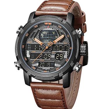 Imagem de NAVIFORCE Relógio masculino analógico digital à prova d'água com pulseira de couro esportiva com alarme, mostrador duplo, data e presente para homens, preto + laranja + marrom
