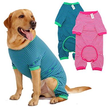 Imagem de Pijama para cães de algodão listrado, pijama básico respirável com 4 pernas para filhotes e gatos, super macio, elástico, moderno e confortável para meninos e meninas (rosa + verde, grande)