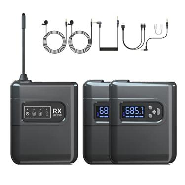 Imagem de Wemay Sistema de microfone de a sem fio com 2 transmissores e 1 receptor Microfone omnidirecional de a compatível com câmera DSLR, laptop, PC, smartphone, tablet, para, entrevista,