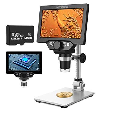 Imagem de UF-TOOLS Microscópio digital LCD de 7 polegadas com cartão TF de 64 GB, ampliação de 1200x, câmera de focagem ultra-precisa de 12 MP, microscópio de vídeo 1080p, 8 luzes de LED para placa de circuito de moedas, reparo de relógio de PC