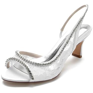 Imagem de Sandálias femininas de strass para casamento fofas de renda conforto salto gatinho peep toe Slingback, Branco, 6.5
