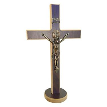 Imagem de Cruz em Madeira Crucifixo Com Medalha de São Bento De Mesa E Parede Com Base Removível 34cm