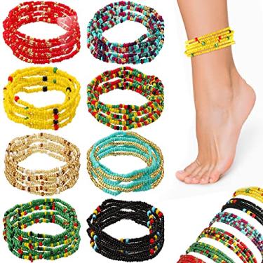 Imagem de 8 peças de tornozeleiras com contas para mulheres feitas à mão multicoloridas em camadas de semente de tornozelo africanas frisadas tornozeleiras para mulheres pulseiras elásticas boho, tornozeleiras