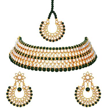 Imagem de Aheli Colar gargantilha com brinco Chandbali Maang Tikka indiano tradicional Bollywood conjunto de joias para mulheres e meninas, Metal, Sem pedras preciosas