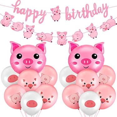 Imagem de 36 Pcs Pig Birthday Party Decorations Pink Pig Farm Animal Birthday Banner Piggy Latex Balloons Jumbo Pink Pig Head Foil Balloons for Piggy Baby Shower Decorations Pink Farm Themed Party Supplies