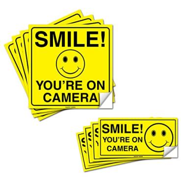 Imagem de (8 pacotes) Smile You're ON Camera Bundle (4) 15 x 15 cm e (4) adesivos autoadesivos de vinil autoadesivos de 5 x 10 cm - resistente - 4 milímetros com laminação de 3 mil para proteção máxima e durabilidade - Proteção UV e à prova de intempéries