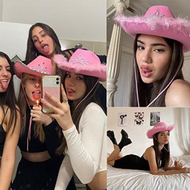 Imagem de Chapéu de Cowboy de Feltro Com Iluminação LED, Alça de Queixo, Cosplay, Chapéu de Cowboy da Moda para Entretenimento Doméstico (Jeans rosa com lâmpadas de lã)