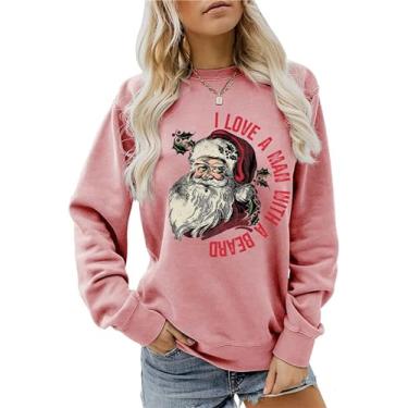 Imagem de Moletom feminino Merry Christmas Trees Snowflake Graphic Cozy Holiday Style Manga Longa Gola Redonda, Ouro rosa, G