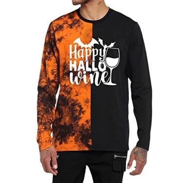 Imagem de Camiseta masculina de manga comprida com gola redonda e monograma divertido de Halloween e gola redonda, manga comprida, vinho, camiseta masculina, Laranja, XG