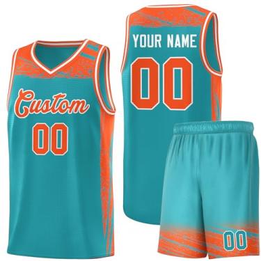 Imagem de Camisa masculina personalizada de basquete juvenil uniforme de treino uniforme impresso personalizado nome do time logotipo número, Azul (aqua) e laranja - 21, One Size