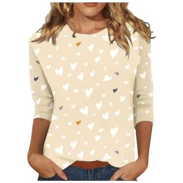 Imagem de Elogoog Camisetas femininas com estampa de coração para o dia dos namorados 2024, gola redonda, manga 3/4, blusa engraçada básica para sair, Café B, 5G