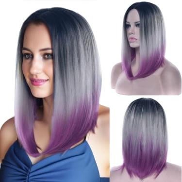 Imagem de IMISSU Perucas de cabelo natural bob perucas cosplay peruca de festa de fantasia de cor ombre para mulheres (Preto Cinza Roxo)