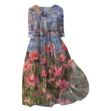 Imagem de Elogoog Vestidos de verão para mulheres 2024 gráfico franzido havaiano vestido maxi elegante manga curta cintura elástica floral vestido de trabalho, G-rosa, PP