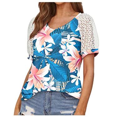 Imagem de Blusas femininas de malha de renda plus size manga curta Y2K blusas de algodão de verão camisas boho túnica formal, Laranja, M