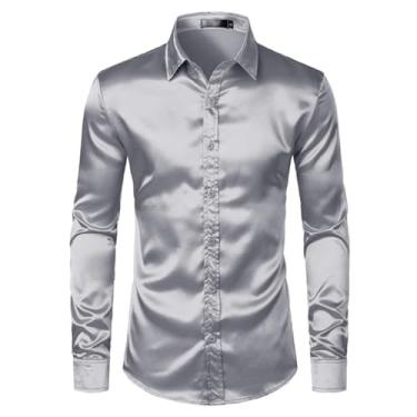 Imagem de Eesuei Camisa masculina 2 peças (camisa + gravata) vestido de cetim de seda slim fit manga longa abotoado camisa masculina festa de casamento, Lc17 Prata, P