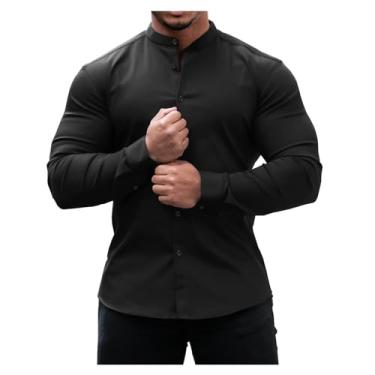 Imagem de Camisa masculina casual cor sólida abotoada atlética gola alta slim fit manga longa, Preto, 3G